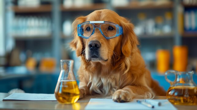 Golden retriever wearing safety goggles like a scientist in a chemistry lab setting with beakers on the table.