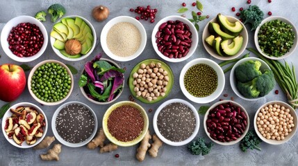 Top view of various healthy vegan foods in bowls and on table. Simple and colorful vegan ingredients. A mix of nuts, vegetables, grains, and beans on a grey background. Healthy eating concepts. AI
