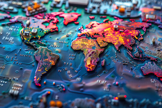 Global map made of electronic circuit board components symbolizing world trade and global electronics market
