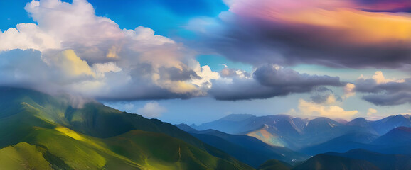 Dazzling Rainbow-hued clouds in a colorful sky above a vibrant mountain landscape