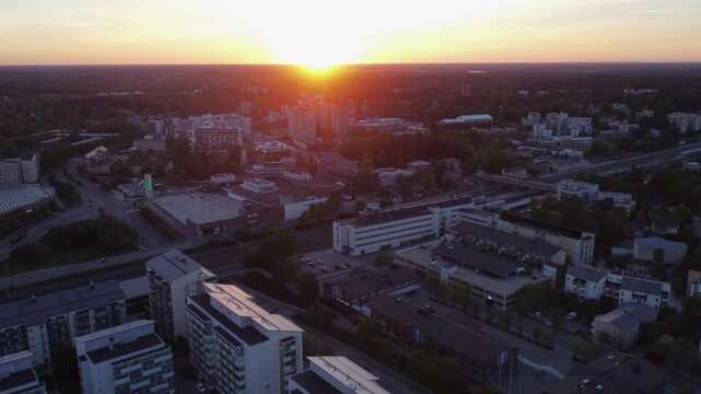 Cityscape skyline aerial of Kerava, Finland during golden sunrise