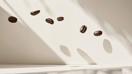 Immerse yourself in the artistry of coffee with this captivating photo of coffee beans levitating against a pristine white background. The delicate balance of light and shadow accentuates the texture