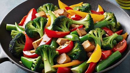 Stir fried vegetables with broccoli, peppers, and tomatoes