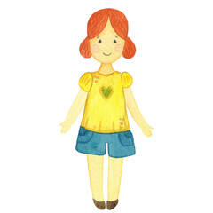 A girl in a yellow T-shirt and shorts. Watercolor, hand-drawn children's illustration. Cut out paper doll. Character, cartoon, children, kid, doll, girl, clothes, game, poster, magnet, sticker, summer