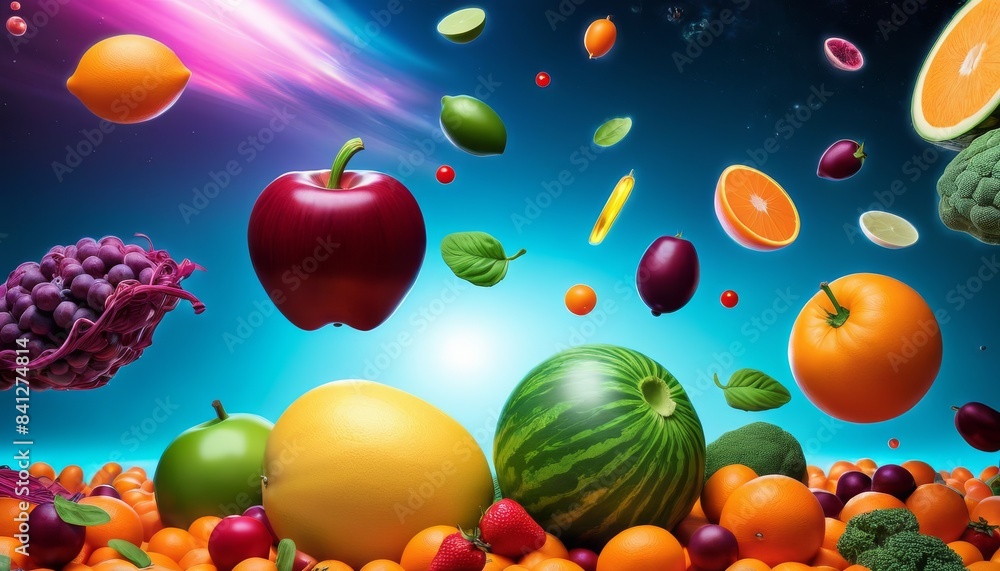 Poster a visually stunning array of fruits including apples, oranges, and watermelons float in a surreal sp