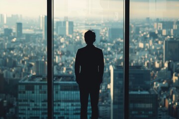 Fototapeta premium Silhouette of a man standing by a window overlooking a sprawling cityscape at sunrise, representing business and urban modernity.