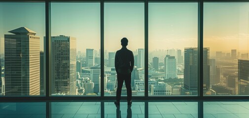 Fototapeta premium Silhouette of a man standing by a large window, overlooking a cityscape during sunset, symbolizing contemplation and ambition.