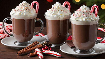 Hot mugs of cocoa topped with whipped cream and candy canes
