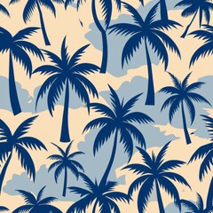 Seamless pattern of minimalist palm trees with coconuts, Generative AI