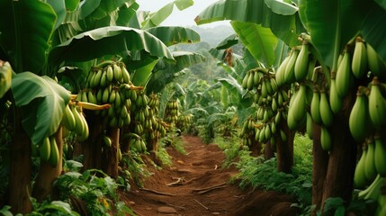 Lush green banana trees laden with bunches of bananas stretch along a dirt path, under a canopy of large leaves.