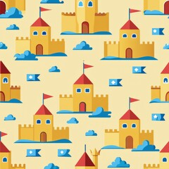 Obraz premium Seamless pattern of minimalist sandcastles with small flags, Generative AI