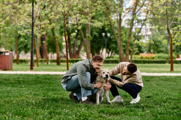 Two bearded men in casual clothing happily interact with their Labrador Retriever in a green park.