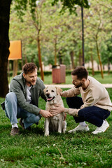 Fototapeta premium Two bearded men in casual clothing are squatting on green grass and petting their labrador retriever dog.