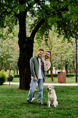 A happy gay couple with beards, wearing casual clothes, walks with their labrador retriever in a green park.