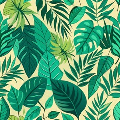 Seamless pattern of minimalist tropical leaves in various shades of green, Generative AI