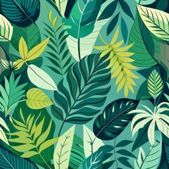 Seamless pattern of minimalist tropical leaves in various shades of green, Generative AI