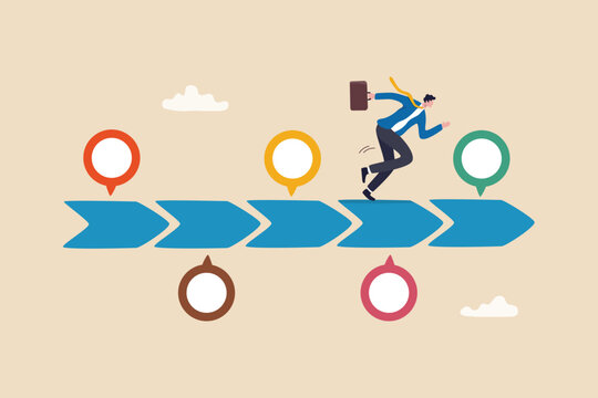 Timeline project planning, work progress milestone or step to success, plan or strategy diagram, business journey or process to reach goal concept, businessman running on project timeline milestones.