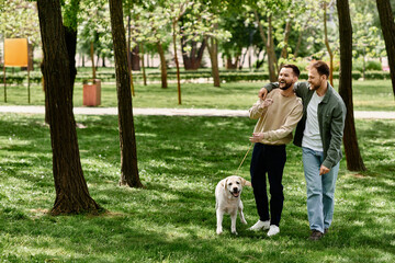 A gay couple with beards walks through a green park with their labrador retriever.