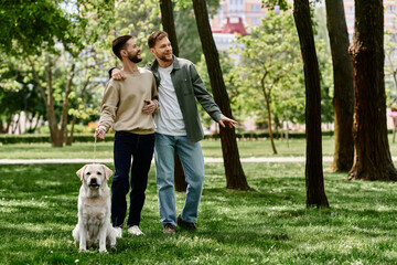 Obraz premium A bearded gay couple enjoys a leisurely walk with their Labrador Retriever in a green park.