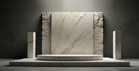 White stone pedestal for product display presentation, White marble stone podium, Design template for Poster, Web banner, Brochure, Card with copy space