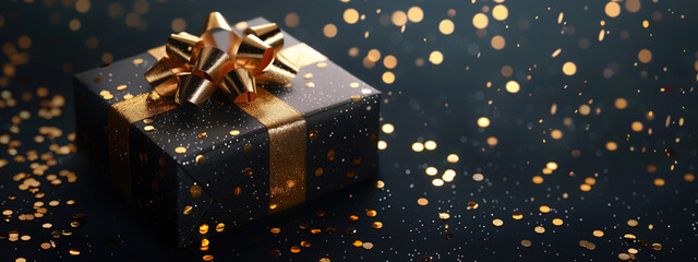 Elegant Black Gift Box with Golden Ribbon and Confetti on Black Background.