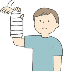 腕の骨折中に手の体操をする男性