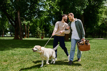 A bearded gay couple walks through a green park with their Labrador retriever. They are both smiling and enjoying the sunshine.