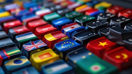 Computer keyboard view from many countries international communication concept.