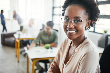 Office, business woman or portrait with confident, creative or journalist with arms crossed....