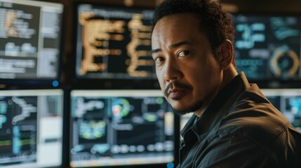 The picture of the cyber security is working inside the room filled with monitor, the cyber security is the job that require skills like technology knowledge, data management and experience. AIG43.