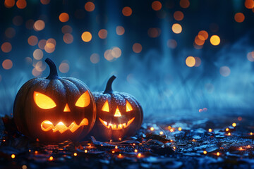 Halloween pumpkins on a dark blue background with lights and bokeh, creating a spooky Halloween scene of a Halloween night concept, with copy space for design.