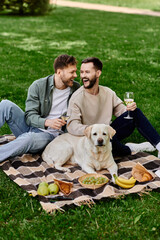 Fototapeta premium A bearded gay couple enjoys a picnic in the park with their labrador retriever.
