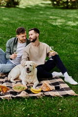 Two bearded men enjoy a picnic in a green park with their labrador dog.