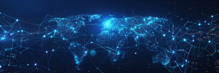 Abstract digital world map with global network connections and cityscape background