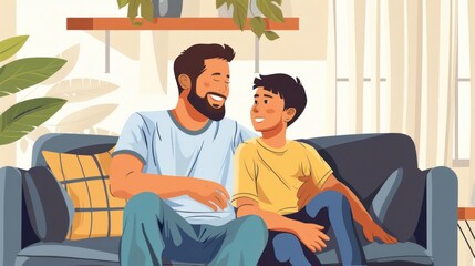 Fototapeta premium Father and teenage son cuddling on the sofa at home and looking at each other. Vector illustration --
