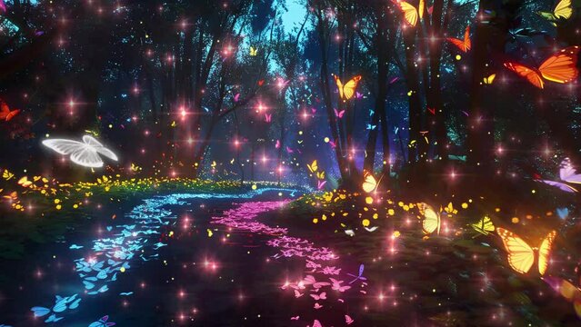 neon butterflies fluttering through the dark forest seamless looping overlay 4k virtual video animation background