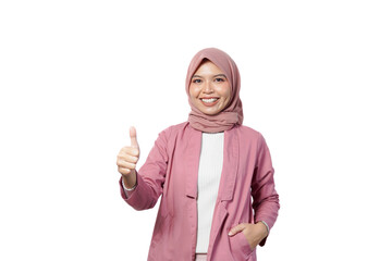 Portrait of smiling confident asian business designer woman pink suit office