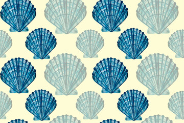 Seamless watercolor monochrome pattern on a marine theme. Hand-drawn illustrations. mollusk, shell, ocean, sea