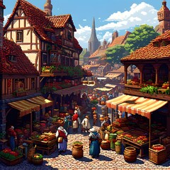 pixel art scene of a bustling medieval marketplace