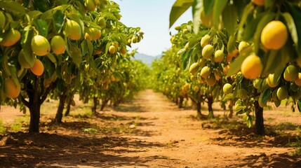 A picturesque orchard with rows of mango trees, ripe fruits, and sunny weather.