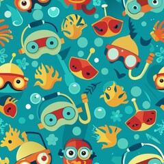 Seamless pattern of small snorkels and diving masks with simple details, Generative AI