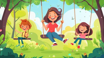 Mother and child having fun playing on the swing in the park. Vector illustration