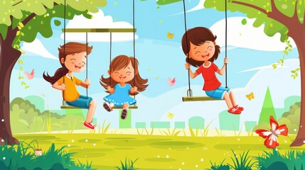 Mother and child having fun playing on the swing in the park. Vector illustration