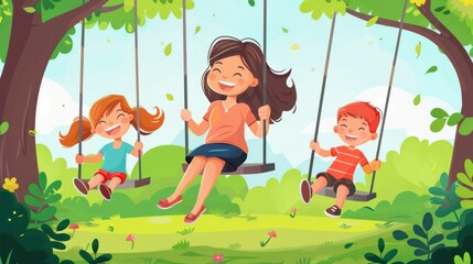 Mother and child having fun playing on the swing in the park. Vector illustration