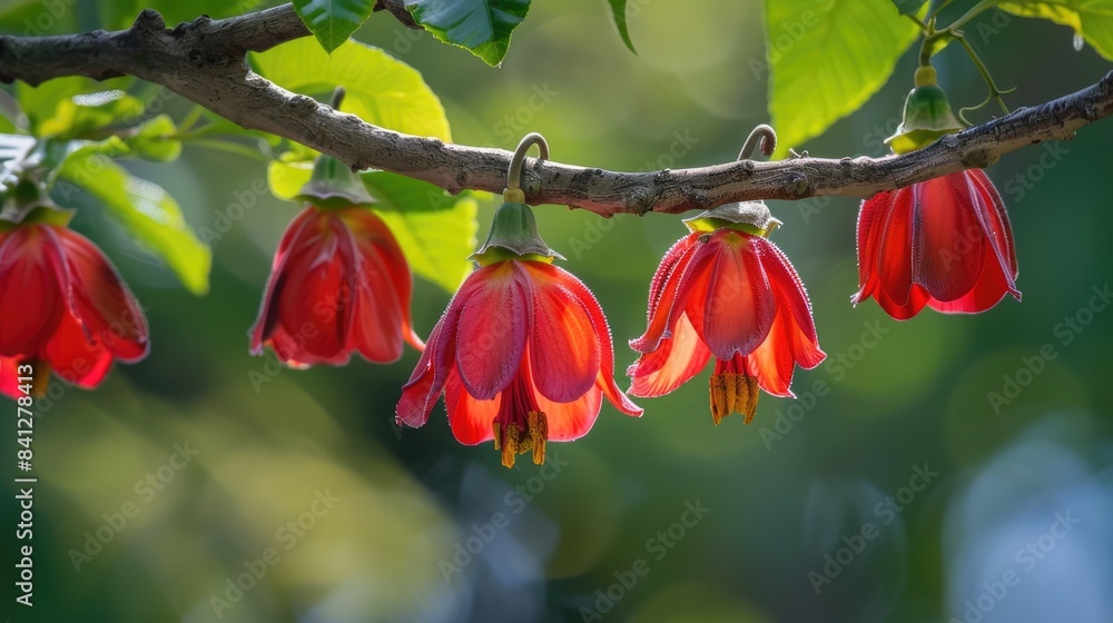 Poster the red callianthe picta flower blooms in a lantern like shape on a tree branch