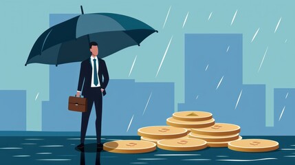 Businessman holding a bag and umbrella. Protecting coins. Taking care of property. Finance. Business cartoon vector -