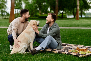 A bearded gay couple enjoys a picnic with their labrador dog in a park. The men are laughing and petting their dog, creating a heartwarming scene.