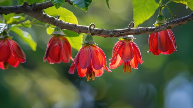 The red Callianthe Picta flower blooms in a lantern like shape on a tree branch