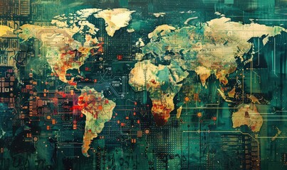 Global map made of electronic circuit board components symbolizing world trade and global electronics market