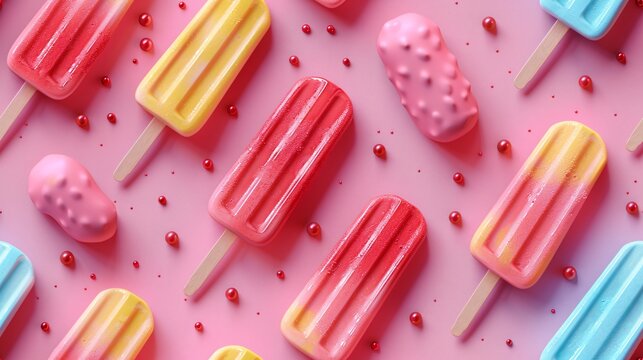 Colorful assortment of ice creams and popsicles on a pink background, creating a fun and vibrant summer vibe. 3D Illustration.